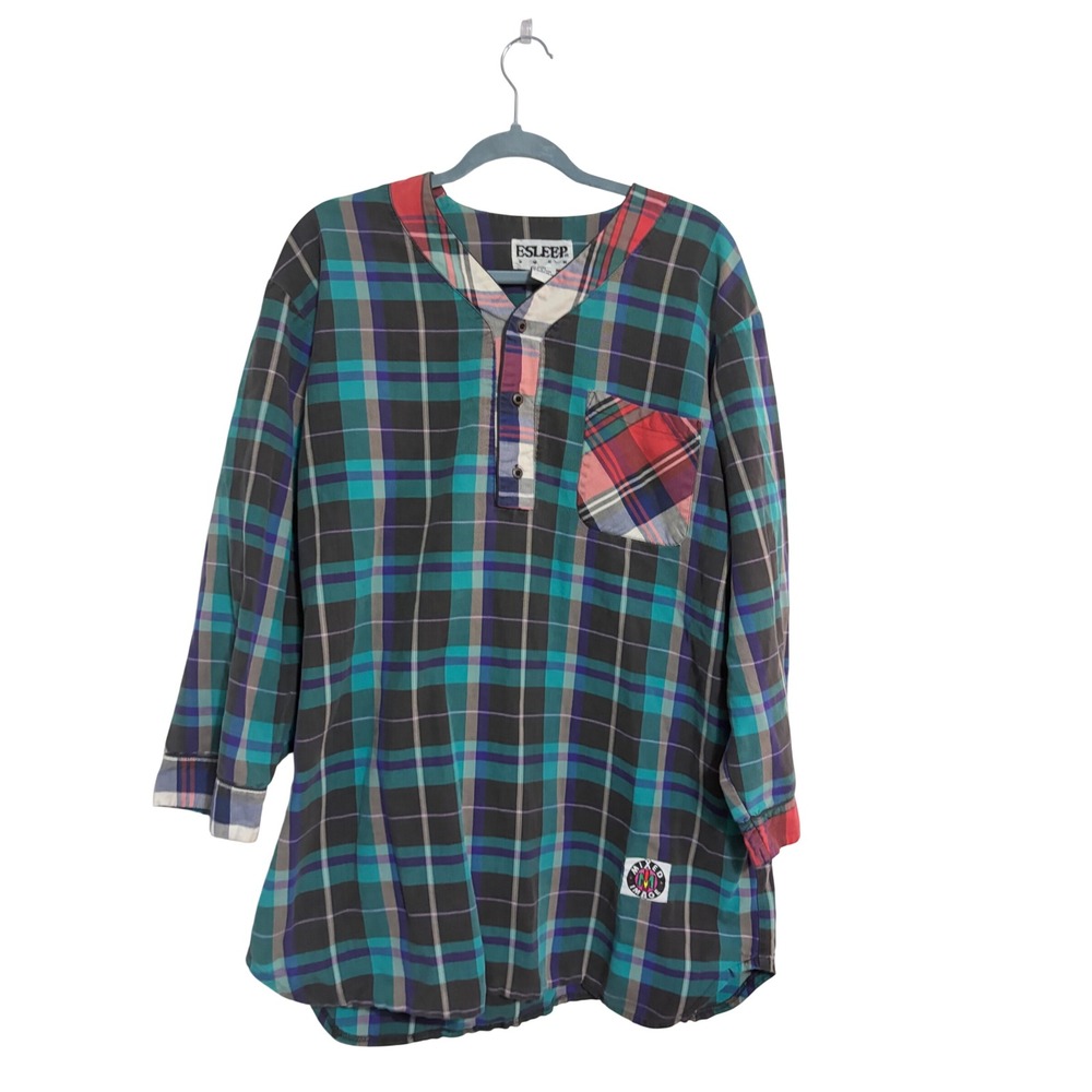 Esleep Dorm Nightshirt Plaid Teal Purple Red Mixed Image OSFA 90s Vintage